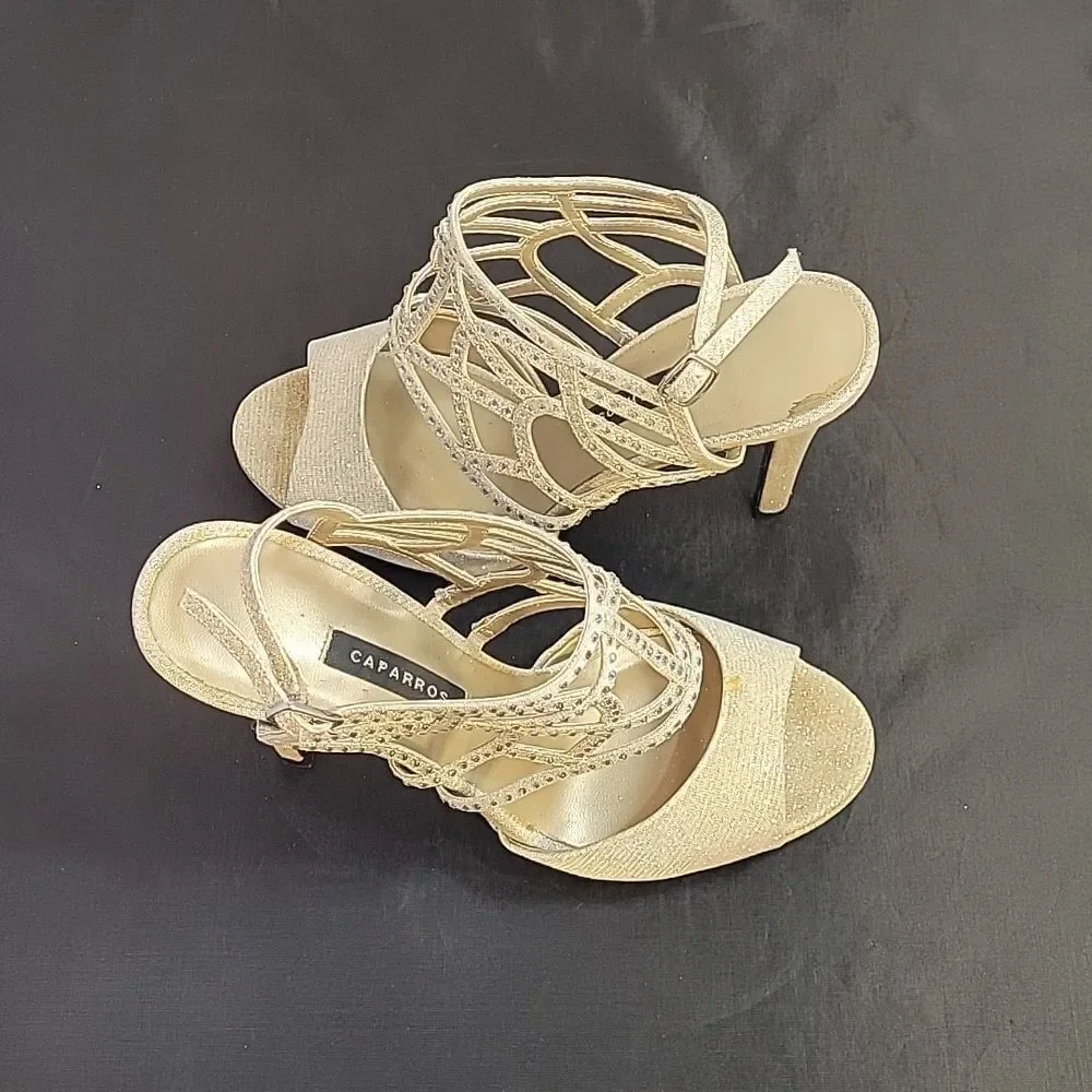 CAPARROS SILVER RHINESTONE EMBELLISHED PEEP TOE ANKLE STRAP HIGH HEEL SANDAL G1